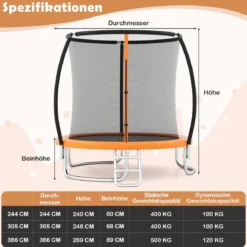 Trampolin outdoor mit Leiter Gartentrampolin rund mit Sicherheitsnetz Randabdeckung & Metallrahmen Ø366cm Orange