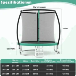 Trampolin outdoor mit Leiter Gartentrampolin rund mit Sicherheitsnetz Randabdeckung & Metallrahmen Ø305cm Grün