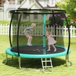 Trampolin outdoor mit Leiter Gartentrampolin rund mit Sicherheitsnetz Randabdeckung & Metallrahmen Ø366cm Grün