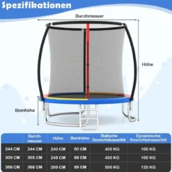 Trampolin outdoor mit Leiter Gartentrampolin rund mit Sicherheitsnetz Randabdeckung & Metallrahmen Ø305cm Bunt