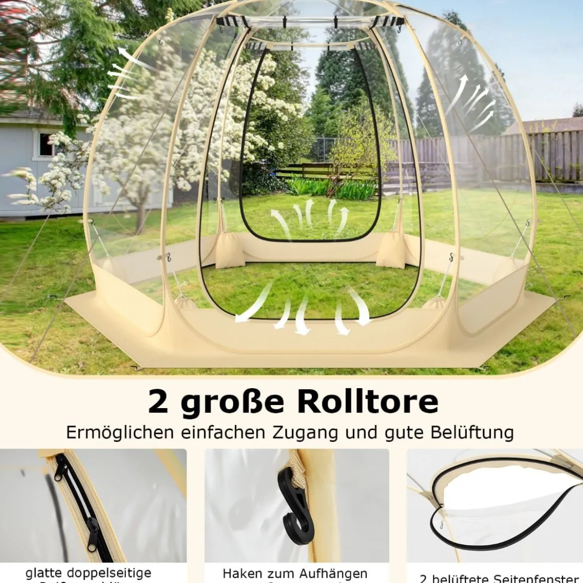 Transparentes Zelt Pop Up Zelt für 6-10 Personen mit 2 großen Rolltüren faltbares Sportzelt