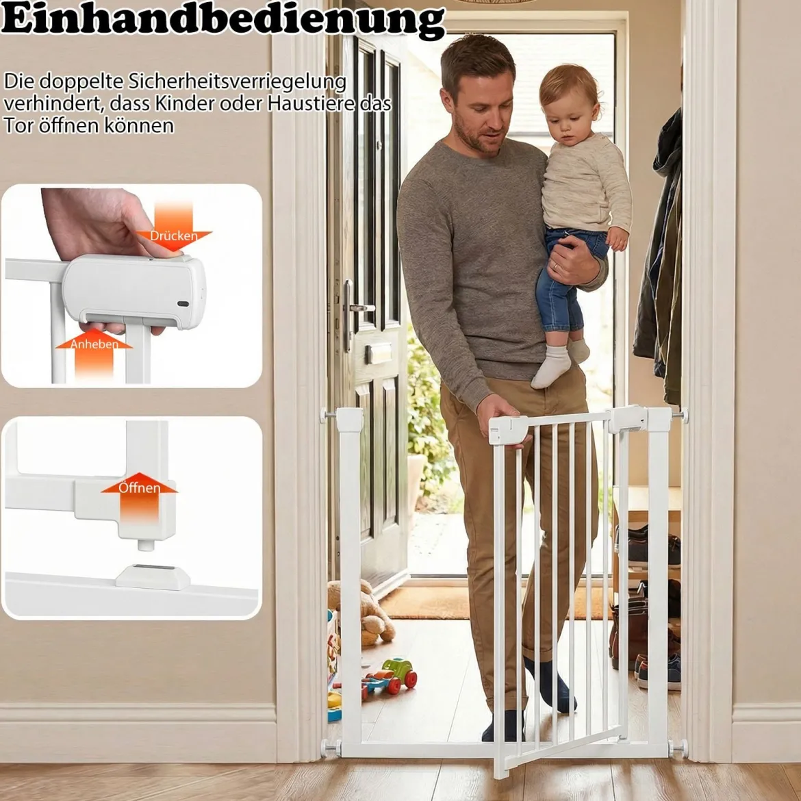 Treppenschutzgitter ohne Bohren mit 75-82 cm Breite Auto-Close Türschutzgitter Weiß