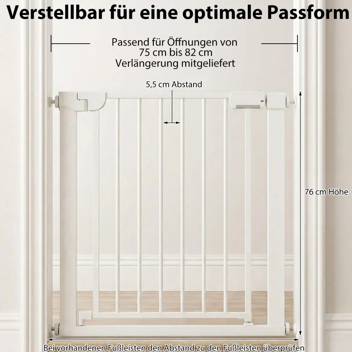 Treppenschutzgitter ohne Bohren mit 75-82 cm Breite Auto-Close Türschutzgitter Weiß