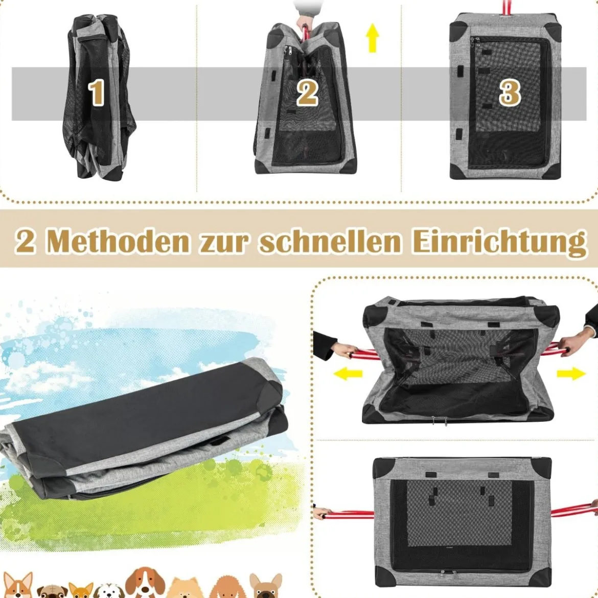 3-türige Klappbare Hundekiste mit Abnehmbarem Pad & Metallrahmen 65 x 45 x 45 cm