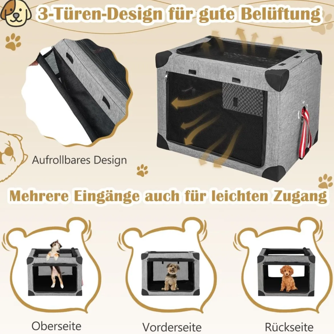 3-türige Klappbare Hundekiste mit Abnehmbarem Pad & Metallrahmen 65 x 45 x 45 cm