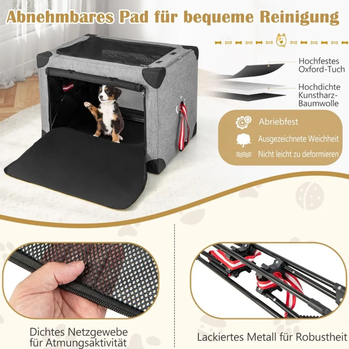 3-türige Klappbare Hundekiste mit Abnehmbarem Pad & Metallrahmen 65 x 45 x 45 cm