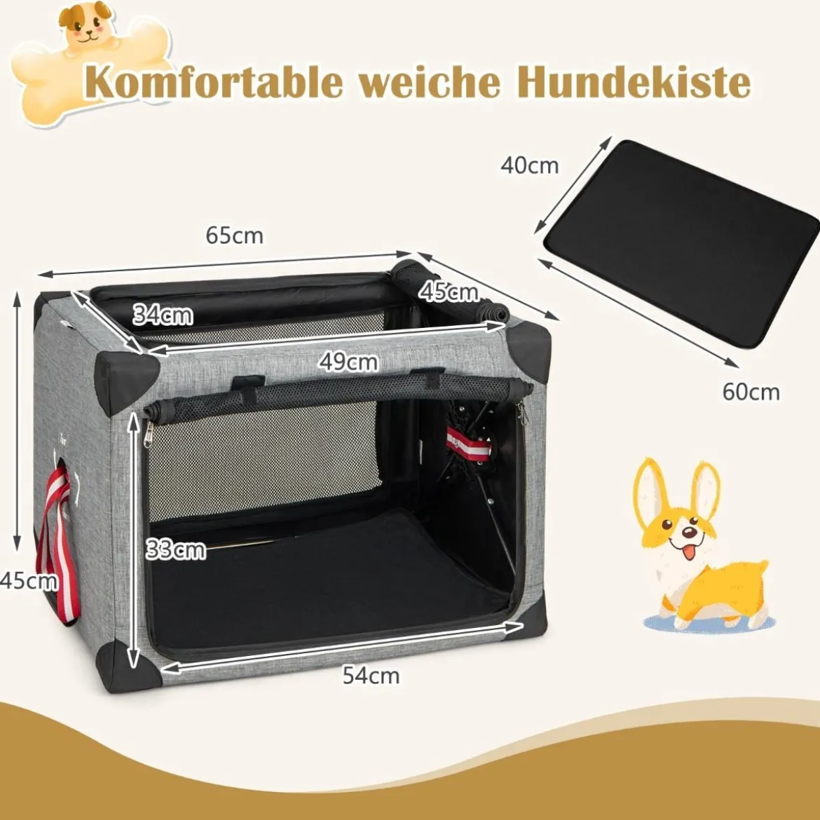 3-türige Klappbare Hundekiste mit Abnehmbarem Pad & Metallrahmen 65 x 45 x 45 cm
