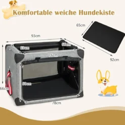 3-türige Klappbare Hundekiste mit Abnehmbarem Pad & Metallrahmen 93 x 66 x 66 cm