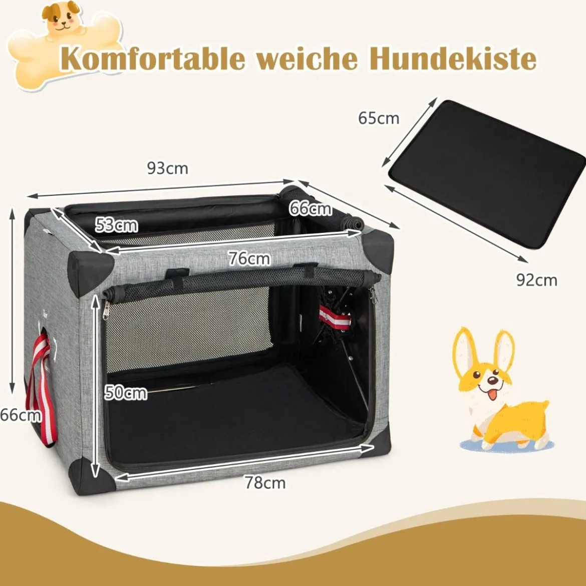 3-türige Klappbare Hundekiste mit Abnehmbarem Pad & Metallrahmen 93 x 66 x 66 cm