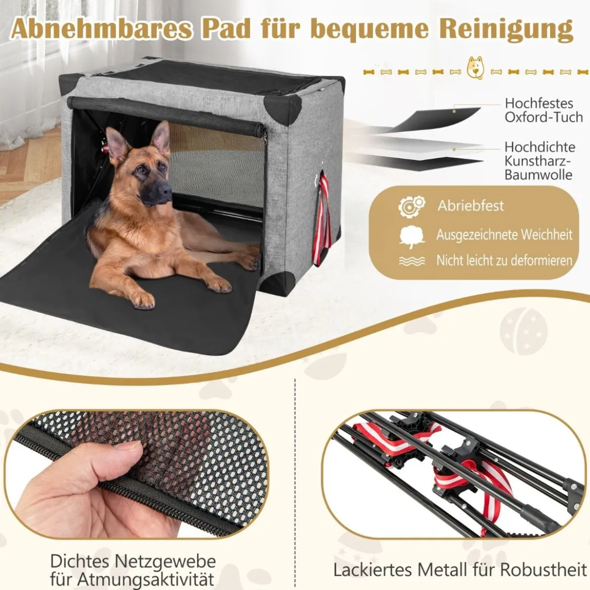 3-türige Klappbare Hundekiste mit Abnehmbarem Pad & Metallrahmen 93 x 66 x 66 cm