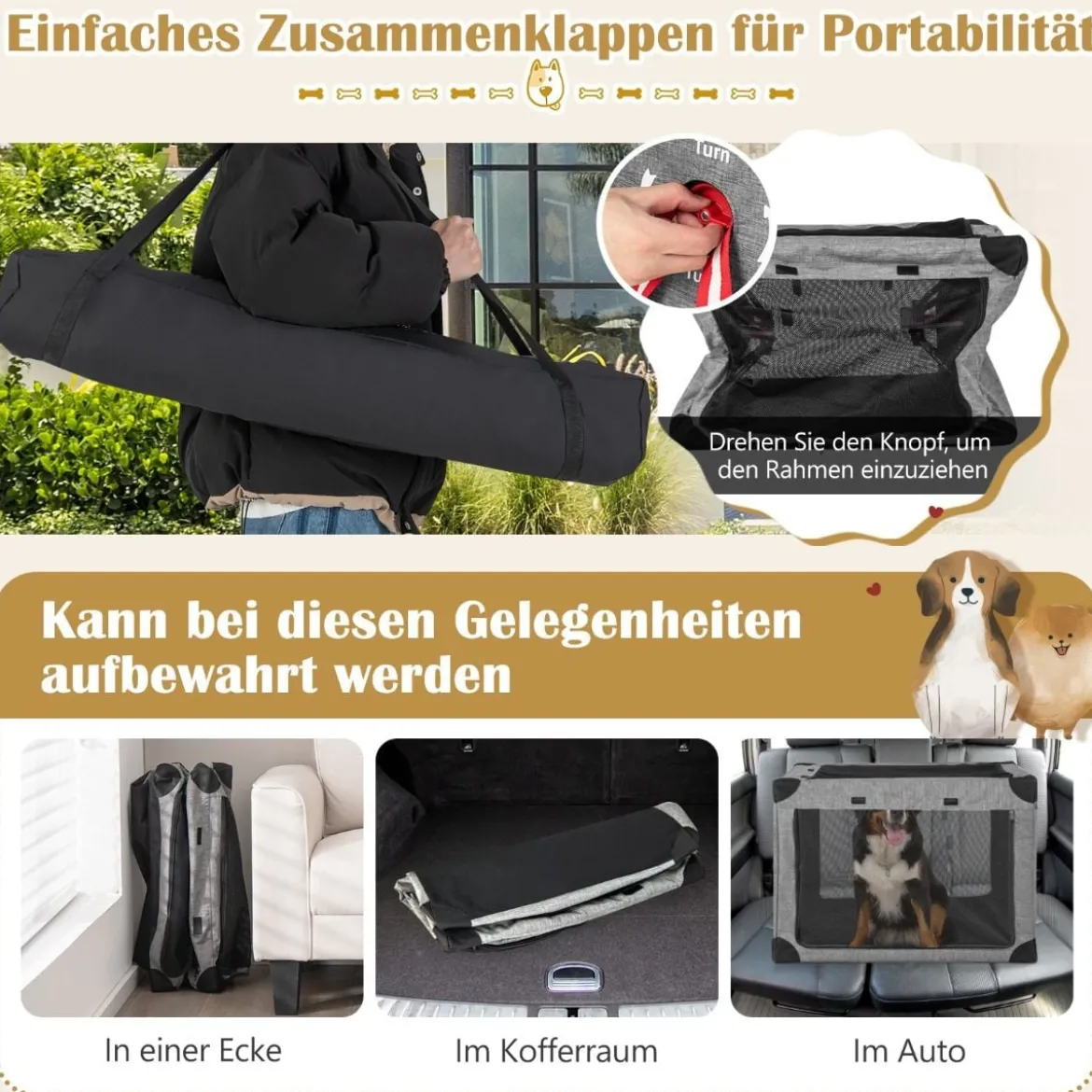 3-türige Klappbare Hundekiste mit Abnehmbarem Pad & Metallrahmen 93 x 66 x 66 cm
