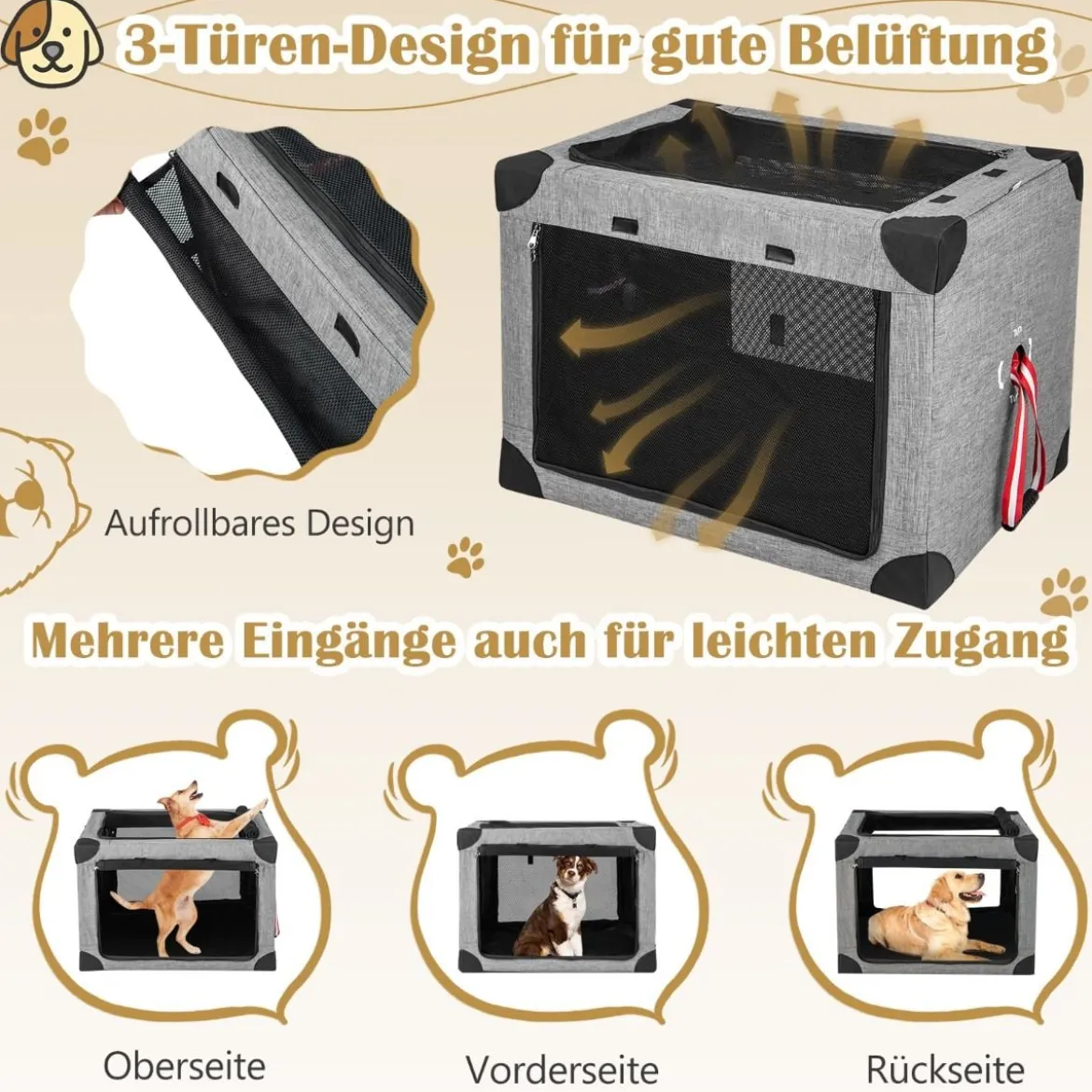 3-türige Klappbare Hundekiste mit Abnehmbarem Pad & Metallrahmen 93 x 66 x 66 cm