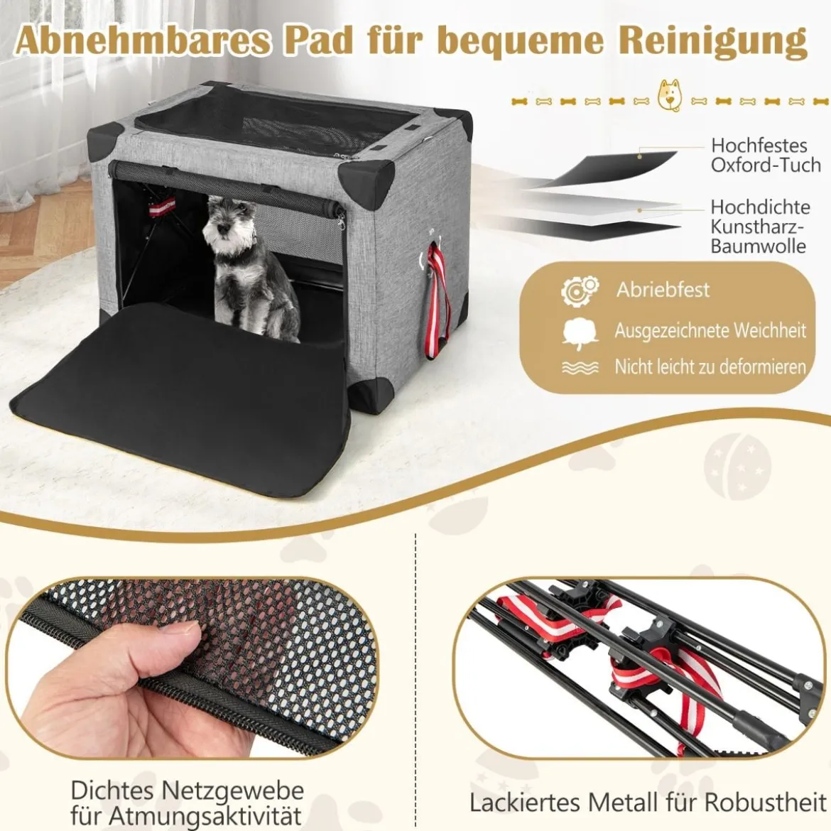 3-türige Klappbare Hundekiste mit Abnehmbarem Pad & Metallrahmen 80 x 59 x 59 cm