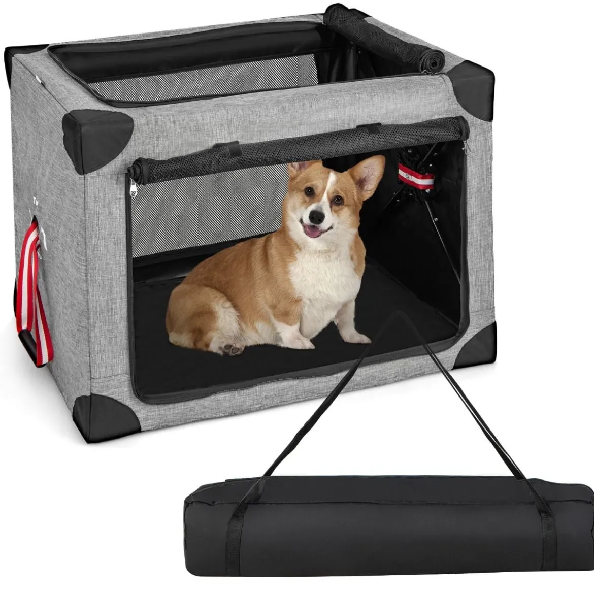 3-türige Klappbare Hundekiste mit Abnehmbarem Pad & Metallrahmen 80 x 59 x 59 cm