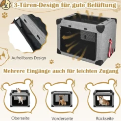 3-türige Klappbare Hundekiste mit Abnehmbarem Pad & Metallrahmen 80 x 59 x 59 cm