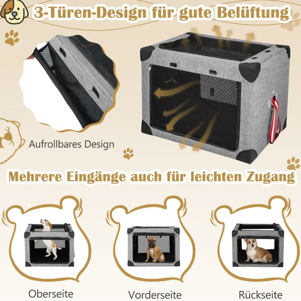 3-türige Klappbare Hundekiste mit Abnehmbarem Pad & Metallrahmen 80 x 59 x 59 cm