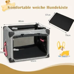 3-türige Klappbare Hundekiste mit Abnehmbarem Pad & Metallrahmen 80 x 59 x 59 cm