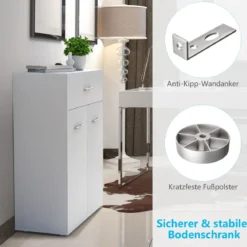 2-türiger Badschrank aus Holz mit Großer Schublade & Verstellbarem Regal Weiß