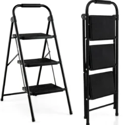 Trittleiter mit 3 Stufen klappbare Kletterhilfe mit Rutschfesten Stufen 64 x 39 x 90 cm Schwarz