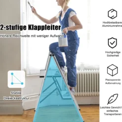 Trittleiter 2 Stufen Stehleiter Aluminium Klappleiter bis 150 kg Silber