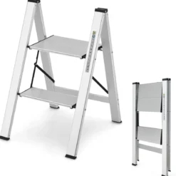 Trittleiter 2 Stufen Stehleiter Aluminium Klappleiter bis 150 kg Silber