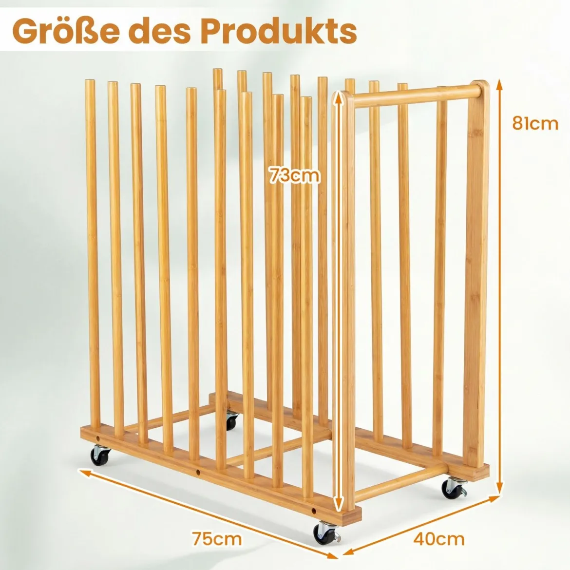 Trocken-Malregal aus Bambus mit 9 Schlitzen Griff & Rollen in Natürlicher Optik 75 x 40 x 81 cm