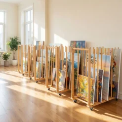 Trocken-Malregal aus Bambus mit 9 Schlitzen Griff & Rollen in Natürlicher Optik 75 x 40 x 81 cm