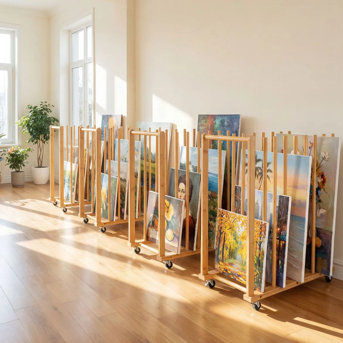 Trocken-Malregal aus Bambus mit 9 Schlitzen Griff & Rollen in Natürlicher Optik 75 x 40 x 81 cm