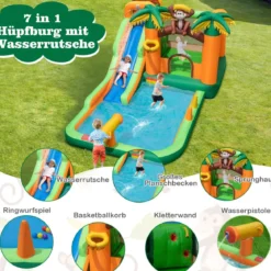 Tropischer 7-in-1-Wasserpark mit Rutsche & Basketballkorb & Wasserpistole mit 680-W Gebläse