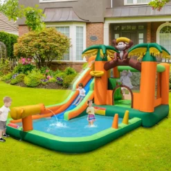 Tropischer 7-in-1-Wasserpark mit Rutsche & Basketballkorb & Wasserpistole mit 680-W Gebläse