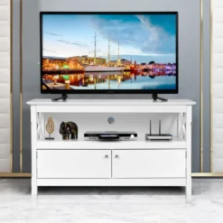 TV-Kommode für Fernseher TV Schrank Kommode Lowboard mit Regal Holz 112 x 40 x 61 cm Weiß