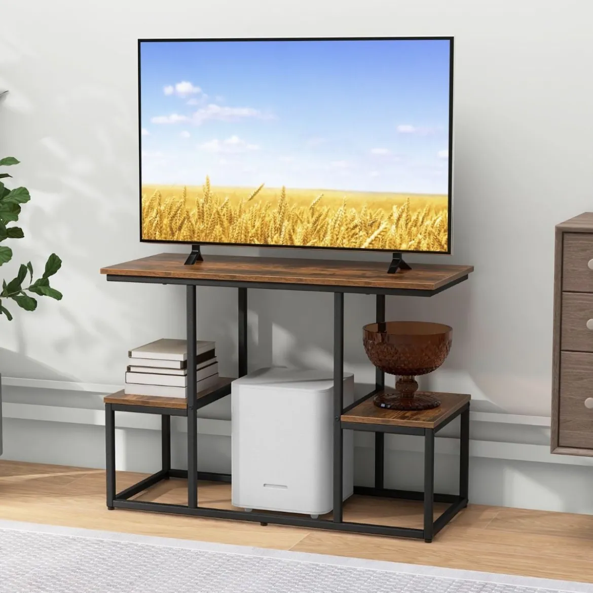 TV-Konsolentisch für 50-Zoll-Fernseher industrielle Medienkonsole mit offenen Ablagen 108 x 40 x 65 cm Rustikales Braun
