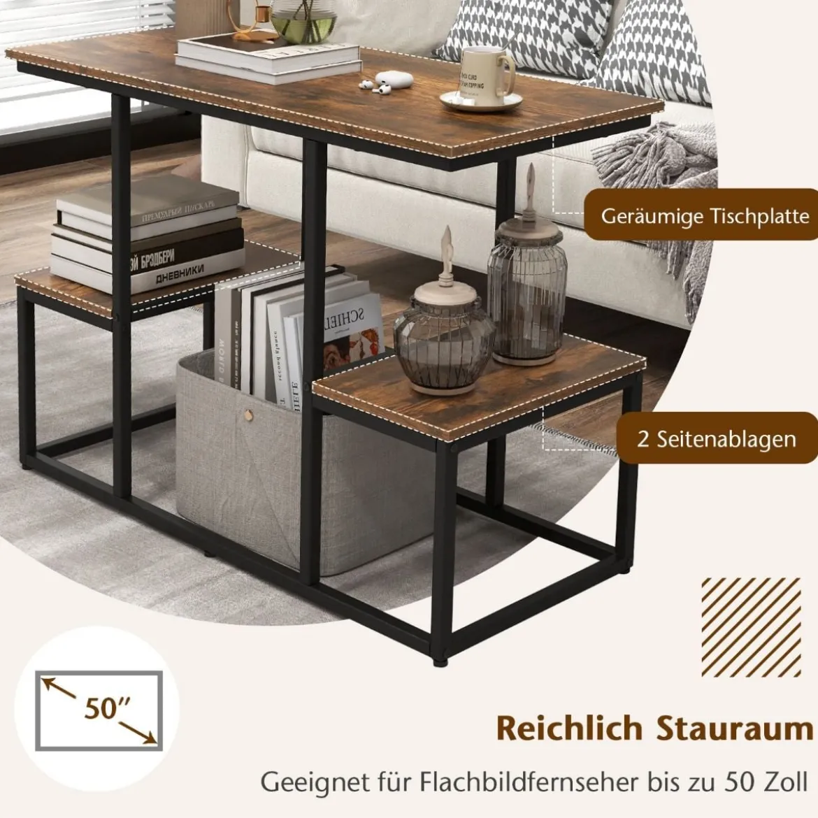 TV-Konsolentisch für 50-Zoll-Fernseher industrielle Medienkonsole mit offenen Ablagen 108 x 40 x 65 cm Rustikales Braun
