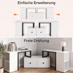 TV-Schrank aus Holz Lowboard mit 2 Großen Schubladen & 4 Offenen Seitenfächern Weiß