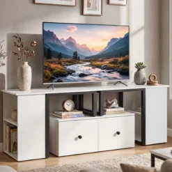 TV-Schrank aus Holz Lowboard mit 2 Großen Schubladen & 4 Offenen Seitenfächern Weiß