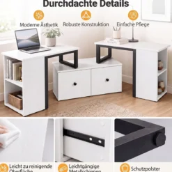 TV-Schrank aus Holz Lowboard mit 2 Großen Schubladen & 4 Offenen Seitenfächern Weiß