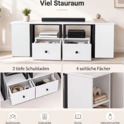 TV-Schrank aus Holz Lowboard mit 2 Großen Schubladen & 4 Offenen Seitenfächern Weiß