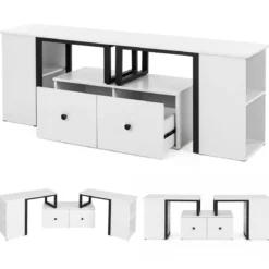 TV-Schrank aus Holz Lowboard mit 2 Großen Schubladen & 4 Offenen Seitenfächern Weiß