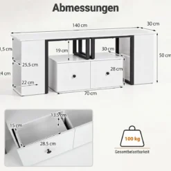 TV-Schrank aus Holz Lowboard mit 2 Großen Schubladen & 4 Offenen Seitenfächern Weiß