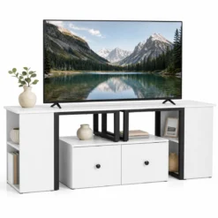 TV-Schrank aus Holz Lowboard mit 2 Großen Schubladen & 4 Offenen Seitenfächern Weiß