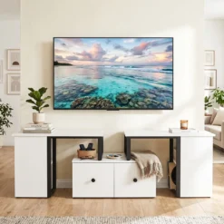 TV-Schrank aus Holz Lowboard mit 2 Großen Schubladen & 4 Offenen Seitenfächern Weiß