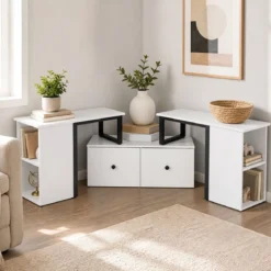 TV-Schrank aus Holz Lowboard mit 2 Großen Schubladen & 4 Offenen Seitenfächern Weiß