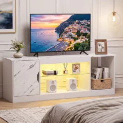 TV-Schrank Fernsehschrank mit Ablagefläche & 3 Offenen Fächer bis zu 65 Zoll Weiß