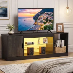 TV-Schrank Fernsehschrank mit Ablagefläche & 3 Offenen Fächer bis zu 65 Zoll Schwarz
