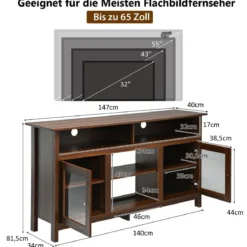 TV Schrank für Fernseher bis zu 65 Zoll 2 in 1 TV Ständer & Kaminschrank 147 x 40 x 81,5 cm Walnuss
