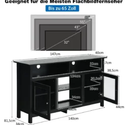 TV Schrank für Fernseher bis zu 65 Zoll 2 in 1 TV Ständer & Kaminschrank 147 x 40 x 81,5 cm Schwarz