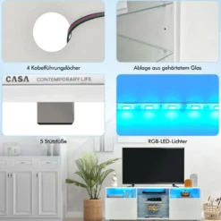 TV Schrank mit LED Beleuchtung & 2 Türen & Verstellbaren Glastablagen Fernsehtisch