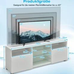 TV Schrank mit LED Beleuchtung & 2 Türen & Verstellbaren Glastablagen Fernsehtisch