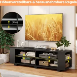 TV-Ständer für Fernseher bis zu 65 Zoll 3-stufige Medienkonsole mit 4 offenen Fächern 4 Seitenschränken & 4 Kabellöchern Schwarz