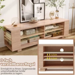 TV-Ständer für Fernseher bis zu 65 Zoll 3-stufige Medienkonsole mit 4 offenen Fächern 4 Seitenschränken & 4 Kabellöchern Natur